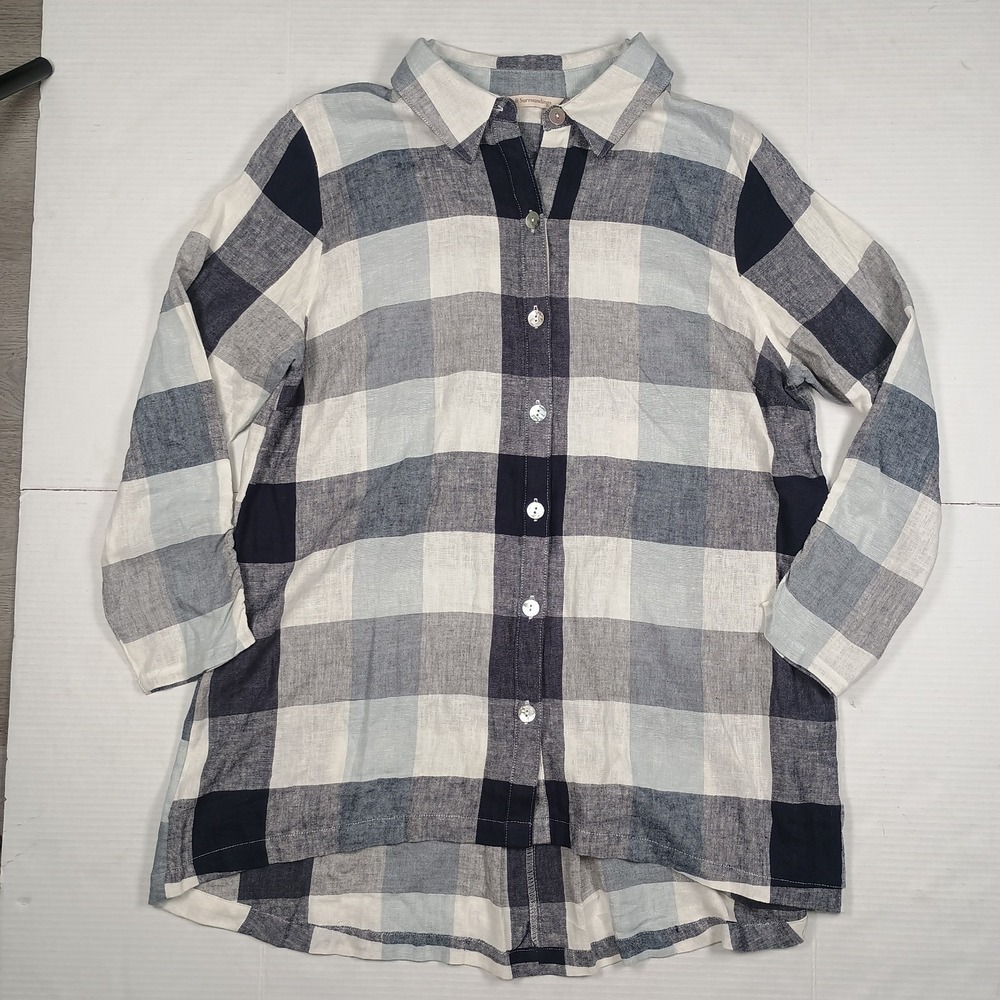 Soft Surroundings Blue Carreaux Plaid Linen Blend Button Zip Back Tunic XL